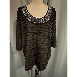 Carol Little Women's 3XL Black 3/4 Sleeve Ruffle Scoop Neck Blouse